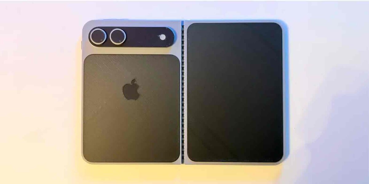 折りたたみ式iPhoneの試作モックとされるブック型デザインとデュアルカメラ構成の外観イメージ