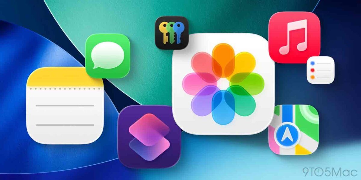 iOS 26の新アプリアイコンを示したイメージ。写真、メッセージ、Apple Music、マップ、メモ、パスワード、ショートカット、リマインダーの各アイコンが並ぶAppleデザインの概念画像