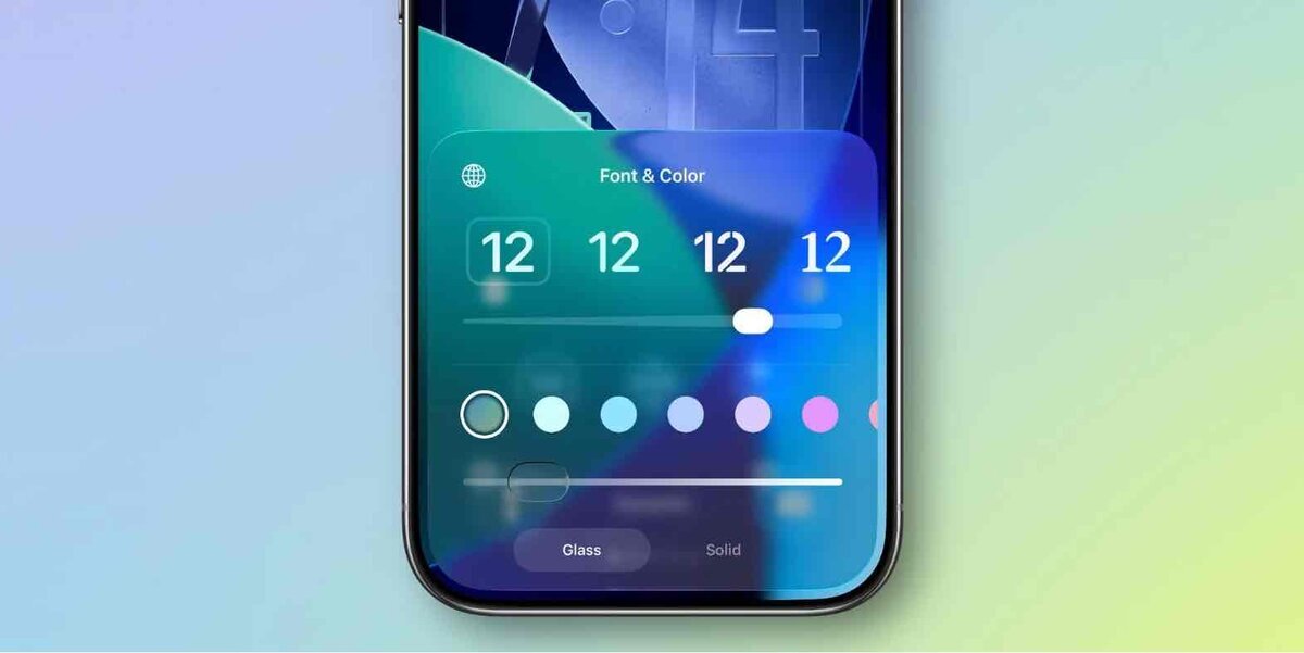iOS 26のロック画面カスタマイズ画面の予想UI。時計フォント変更やカラー調整、ガラス風デザイン切り替えオプションを示すレンダリングイメージ