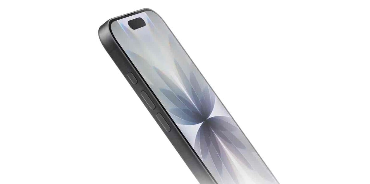 Dynamic Islandを搭載したiPhoneのディスプレイと、チタニウム素材のサイドフレームおよびアクションボタン