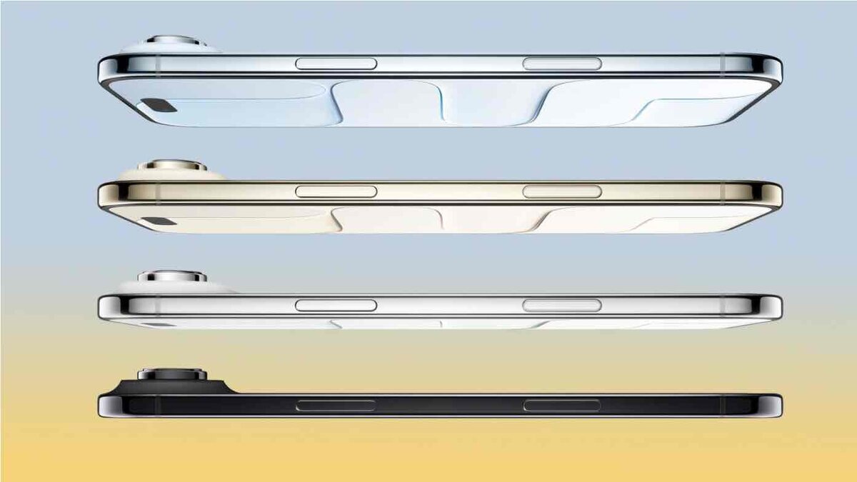 iPhone Aieの4種類のカラーバリエーションを真横から見た側面比較。光沢仕上げのメタルフレーム、電源ボタン、音量ボタン、そして背面のカメラバーの突出デザイン