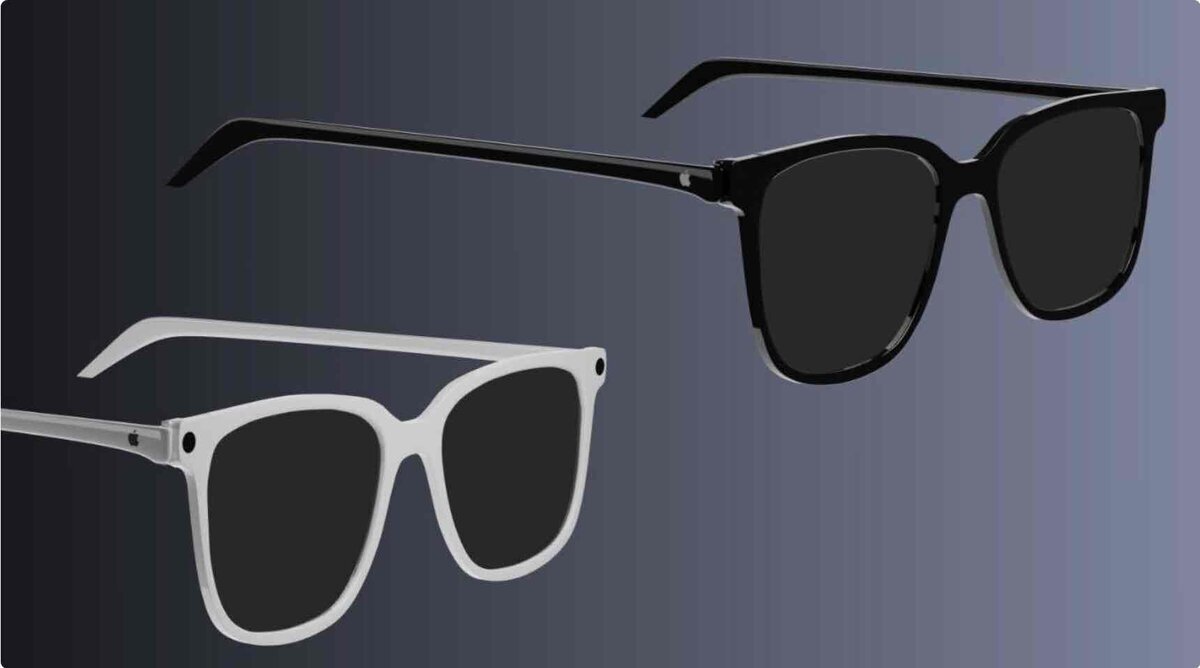 黒と白の2色のフレームが並ぶ、Appleロゴ入りのスマートグラス「Apple Glass」のコンセプトデザイン。ウェリントン型のスタイリッシュなフレームとダークレンズが特徴