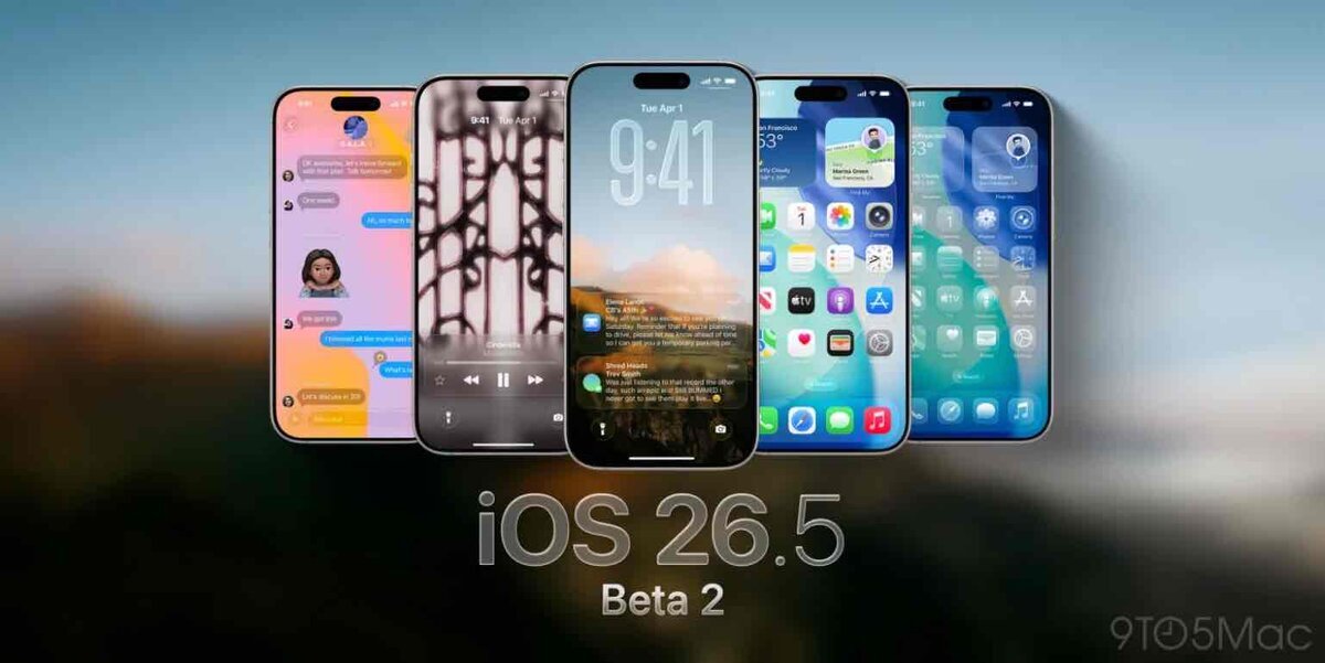 iOS 26.5 Beta 2のプレビュー画像。Dynamic Islandを搭載したiPhone 5台が並び、iMessage、ミュージック、ロック画面、ホーム画面、コントロールセンターの各UIを表示している様子