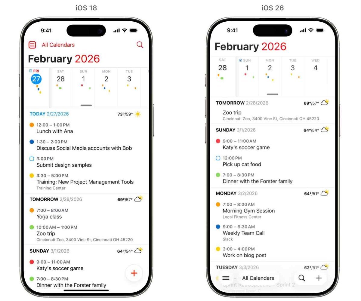 iOS 18とiOS 26のカレンダーUI比較。上部ナビゲーション中心の旧デザインから、下部ツールバー中心のLiquid Glassレイアウトへ変更された例