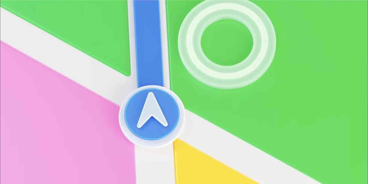Apple Mapsの3Dレンダリングイメージ。青い現在地アイコンと衛星通信を示す同心円のシグナルマークが、カラフルな地図の交差点上に配置されている様子