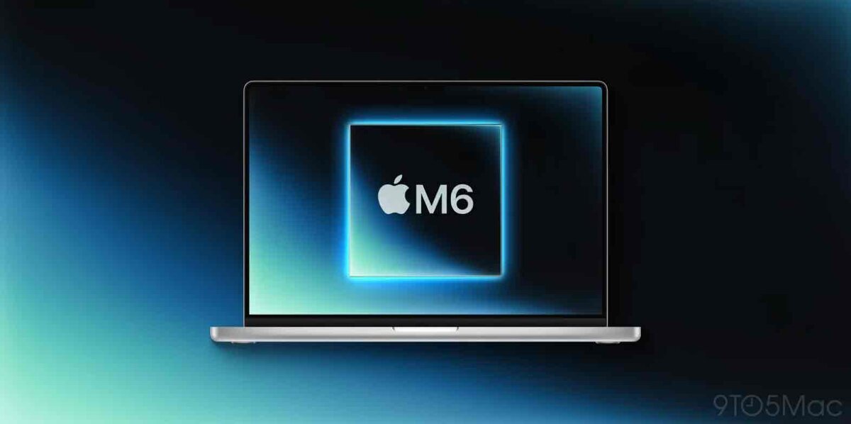 M6チップ搭載が噂される次期MacBook Proのコンセプト画像。画面中央にAppleロゴと「M6」の文字が記されたチップが青く発光し、全面刷新されるMacBook Proの象徴として描かれている