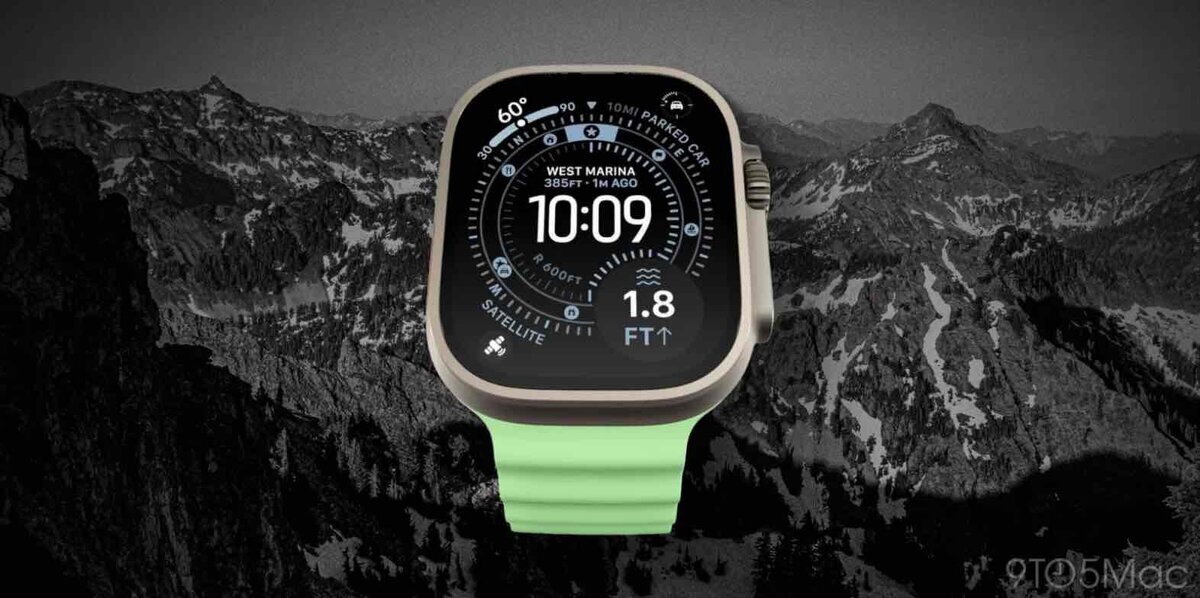 Apple Watch Ultraにコンパスや高度計を表示したウェイファインダー文字盤と、グリーンのシリコンバンドを山岳風景の背景に合成したイメージ