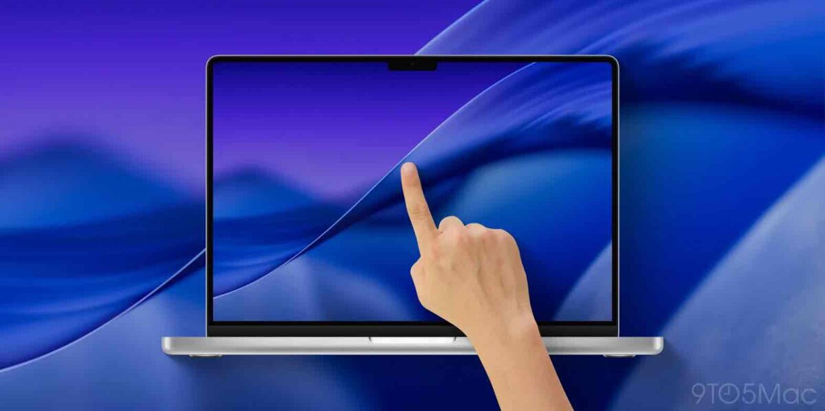 M6 MacBook Proで噂されるタッチスクリーン対応を示す、MacBook Proの画面を指で操作するイメージ