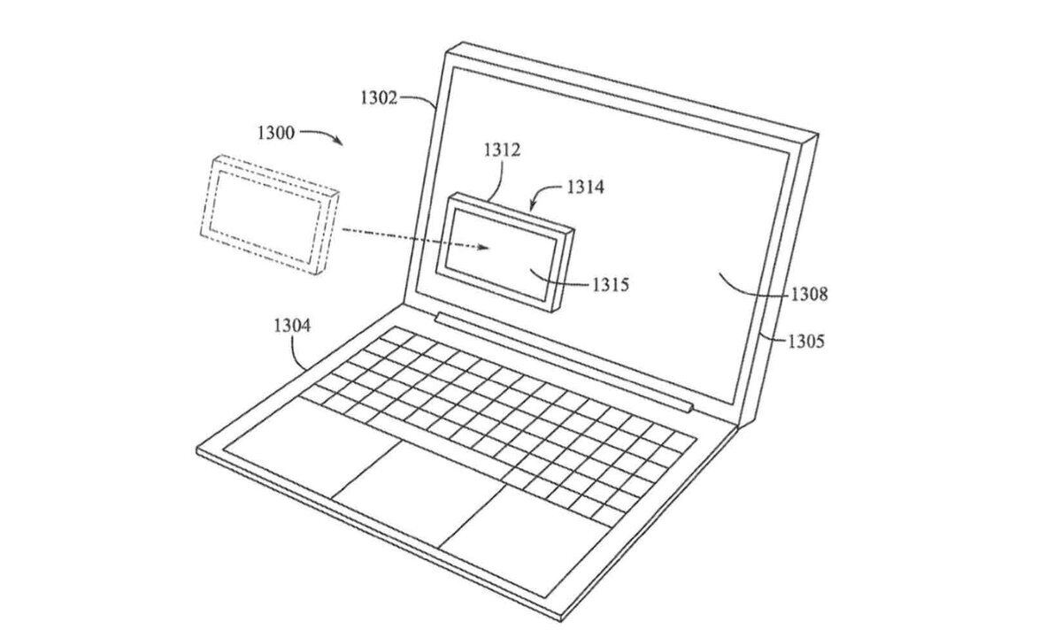 Appleの特許図面に描かれた、MacBookの画面上に着脱式カメラモジュールを取り付ける構造のイメージ