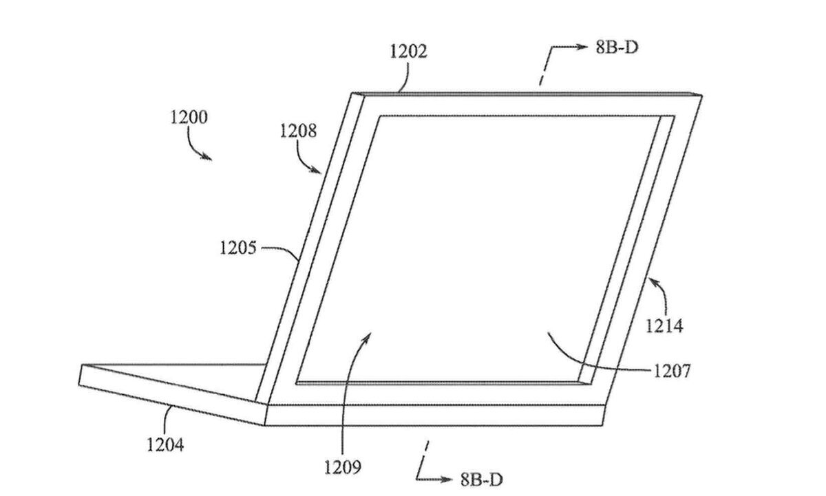 Appleの特許図面に描かれた、MacBookのディスプレイ部分を回転または再配置できる構造の側面イメージ