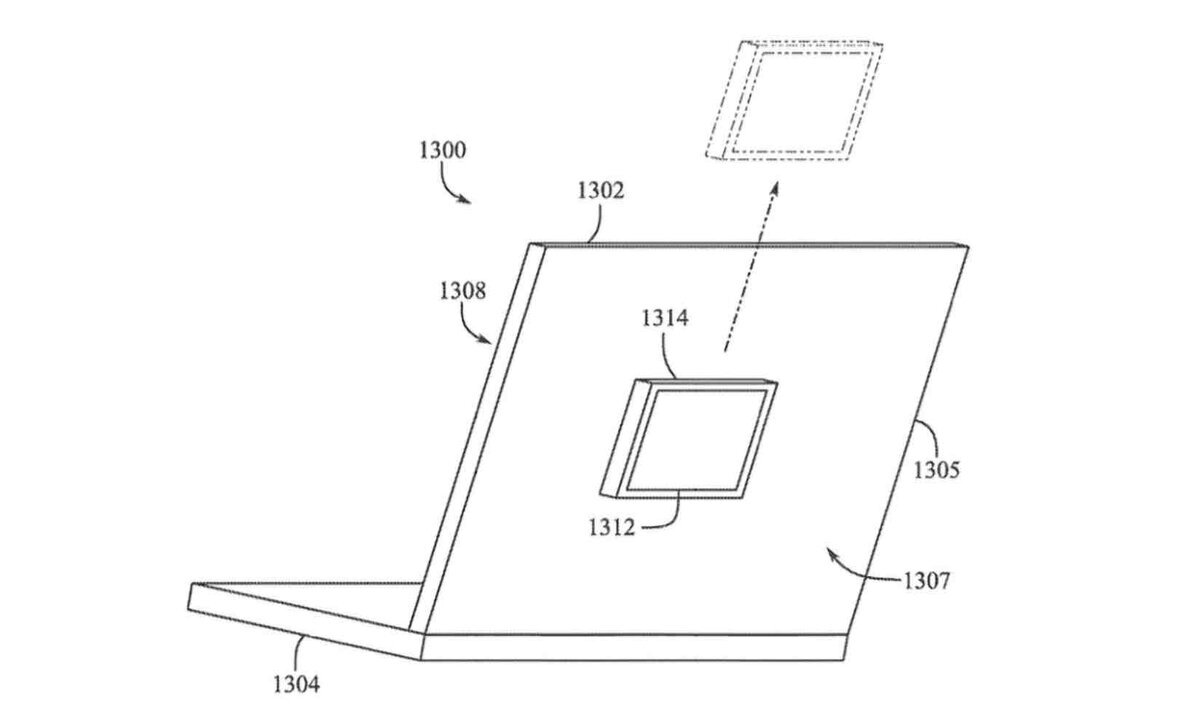 Appleの特許図面に描かれた、MacBook背面のカメラモジュールを取り外して再配置する構造のイメージ