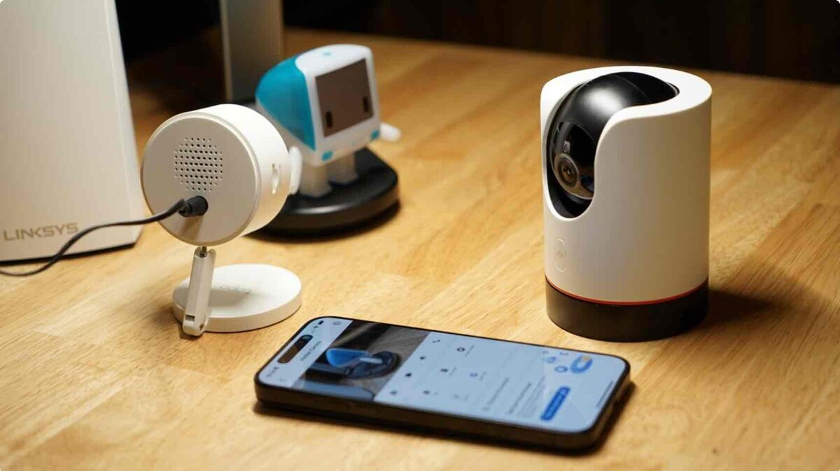 Appleのセキュリティカメラ参入の噂を象徴する、スマートホームカメラとiPhoneのホームアプリ画面のイメージ