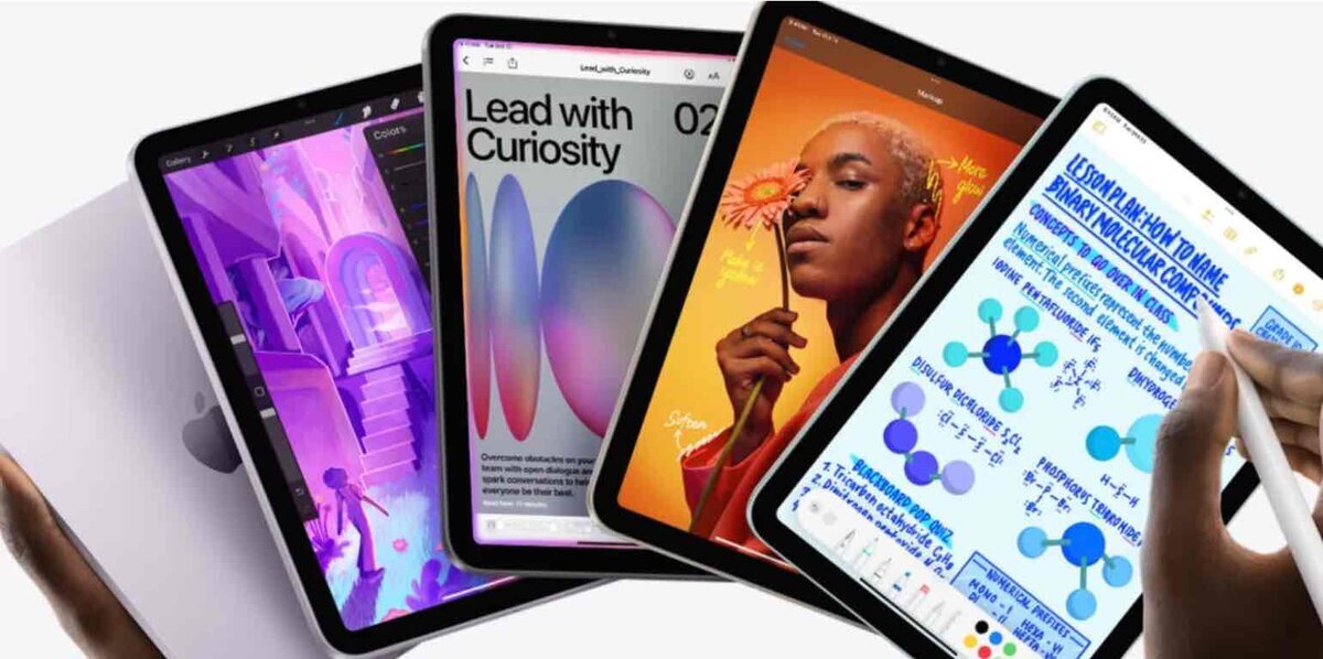次期iPad miniのOLED化やベースモデルiPadのApple Intelligence対応が噂される中、複数のiPadでイラスト制作、資料閲覧、Apple Pencilによる手書きメモを行うイメージ画像