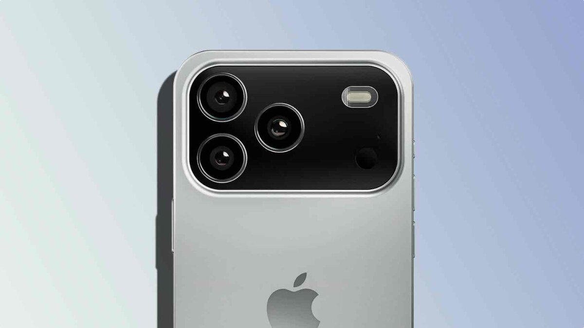 シルバーのiPhone背面上部に、横長の黒いカメラバーと3つのカメラレンズ、フラッシュが配置されたイメージ