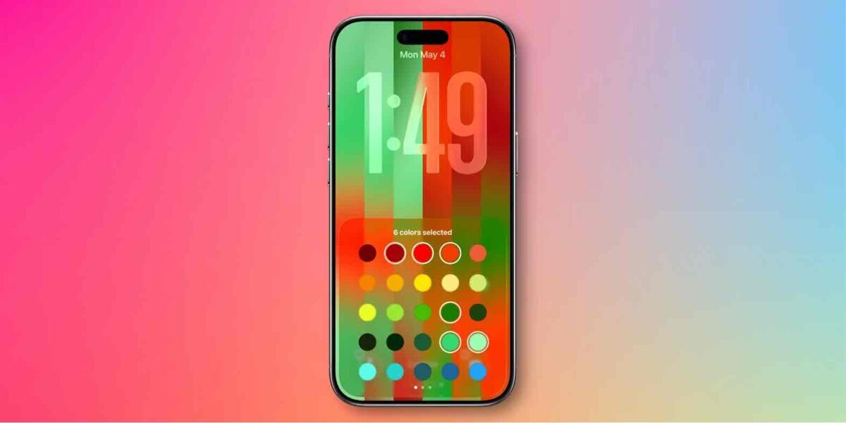 iOS 26.5のプライド壁紙カスタムビルダーで、赤や緑など6色を選んだiPhoneのロック画面