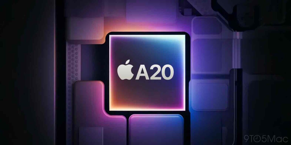iPhone内部のチップをイメージした画像。中央にAppleロゴと「A20」と書かれたプロセッサがあり、周囲に紫や青の光が広がっている