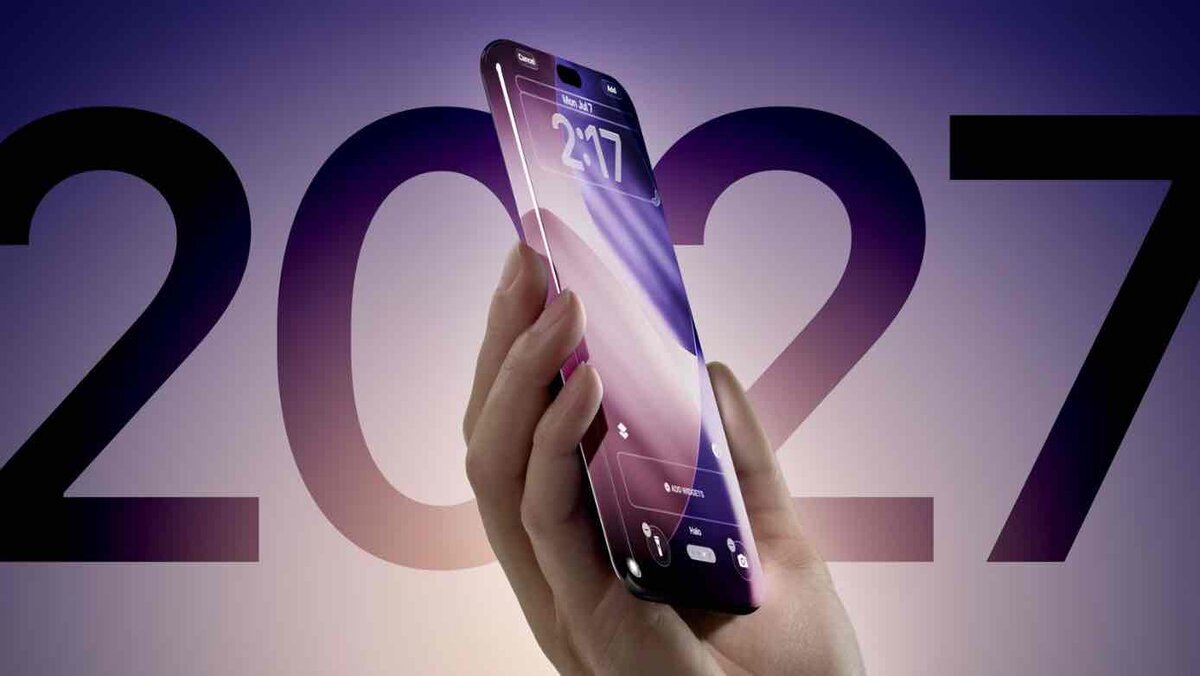 2027の大きな文字を背景に、手に持ったiPhone風の端末が紫色のロック画面を表示しているイメージ画像