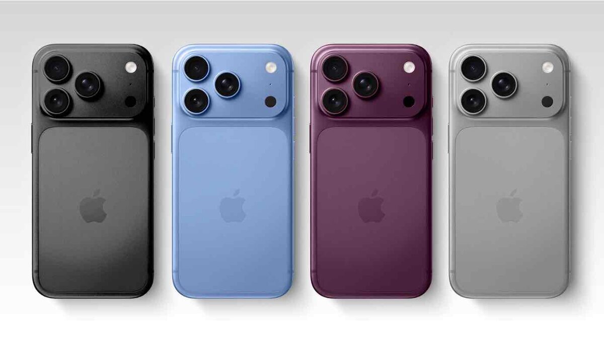 iPhone 18 Proの噂されるカラーバリエーションを並べた背面イメージ。ライトブルー、ダークチェリー、グレー、シルバー系の端末が表示されている