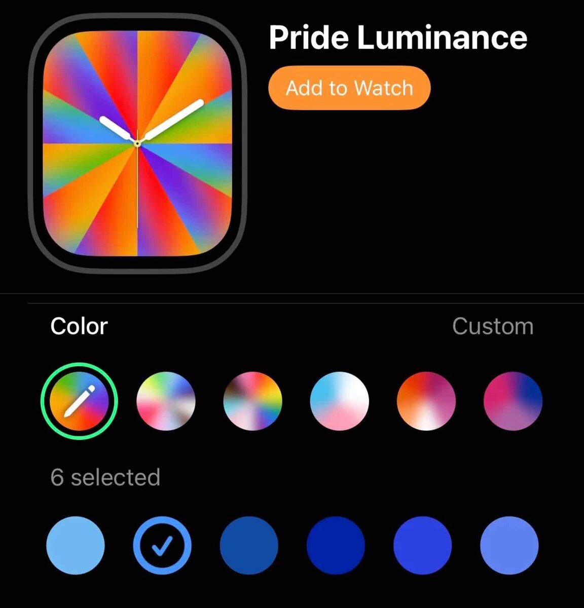 Apple WatchアプリのPride Luminance文字盤設定画面で、カラープリセットと青系の選択色が表示されている