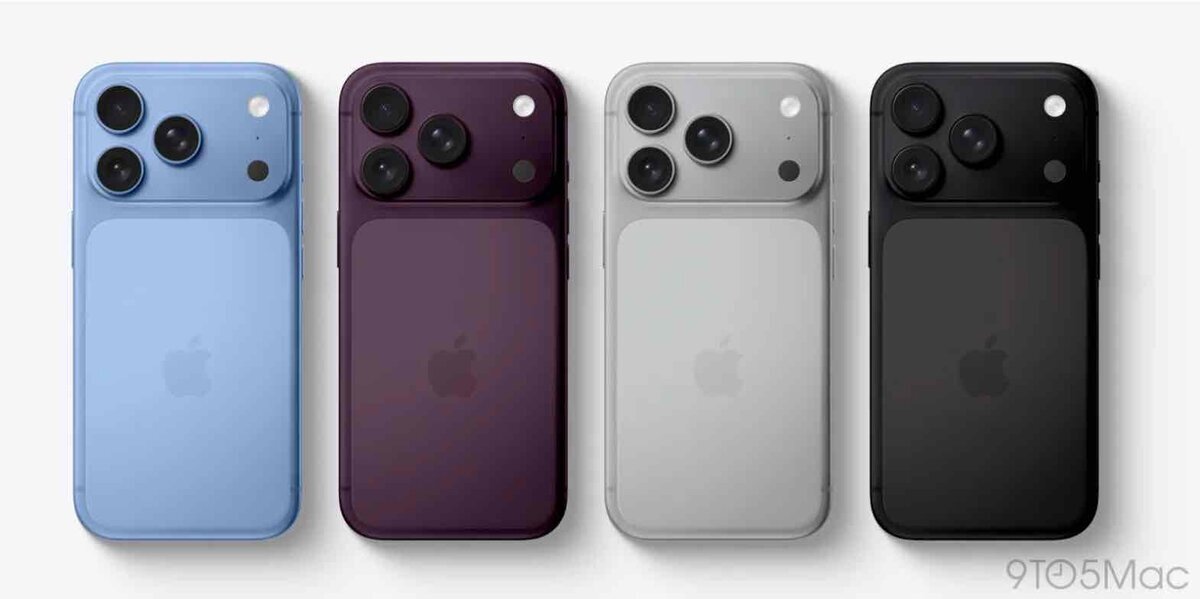 ライトブルー、ダークチェリー、シルバー、ダークグレーのiPhone Pro背面イメージが4台並んでいる