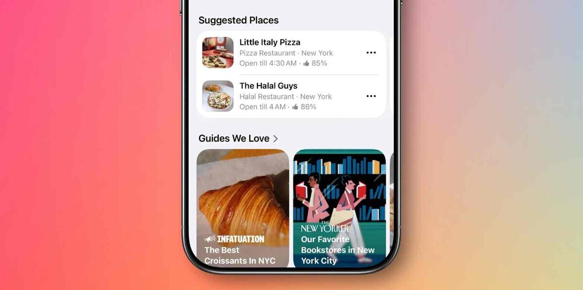 Appleマップの検索画面にSuggested Placesとして飲食店の候補とガイド記事が表示されているiPhoneのスクリーンショット画像