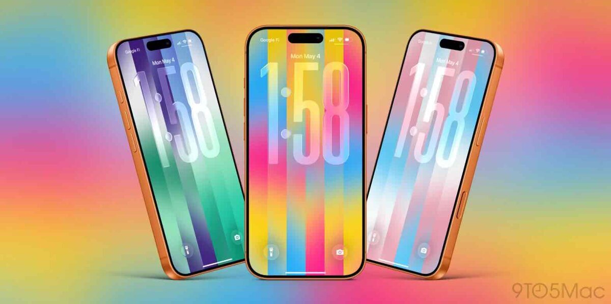 Pride Luminance壁紙を表示した3台のiPhoneが、カラフルなグラデーション背景の前に並んでいるイメージ画像