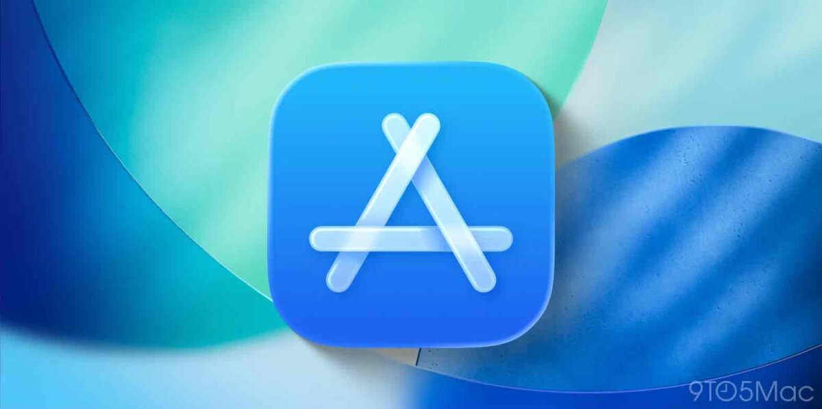 青と緑の抽象的な背景の中央に、App Storeを示す青いアイコンが大きく表示されたイメージ画像