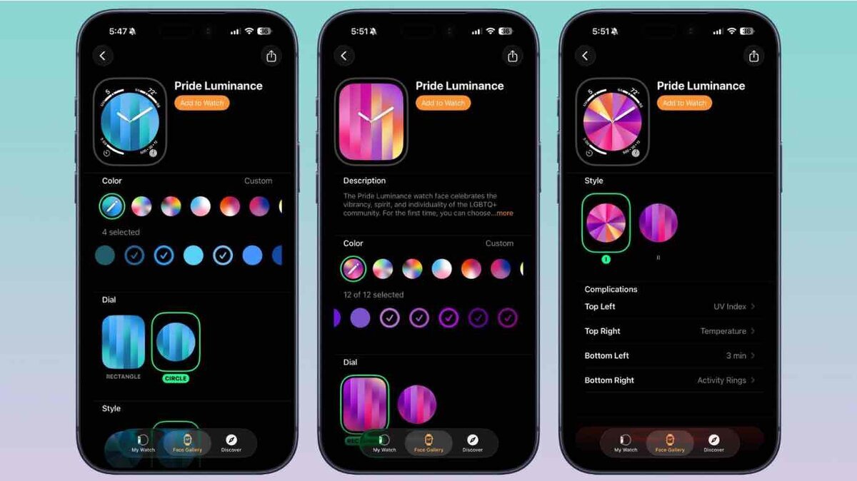 iPhoneのWatchアプリでPride Luminance文字盤をカスタマイズしている3つの画面例。色、ダイヤル形状、スタイル、コンプリケーション設定が表示されている