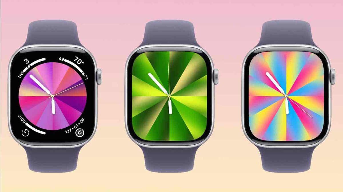 Pride Luminance文字盤を表示した3本のApple Watch。円形ダイヤルでコンプリケーションを表示する例と、緑系や虹色の放射状デザインが並んでいる