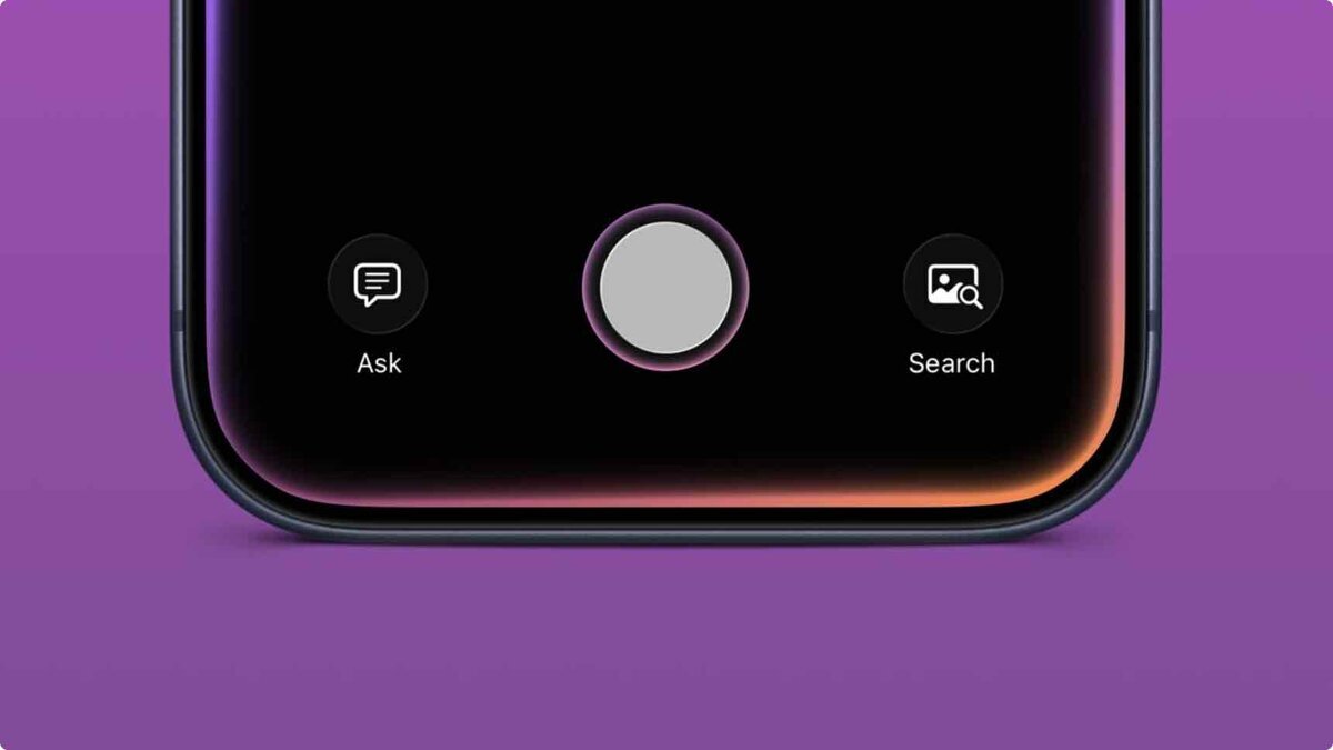 紫の背景の前に、iPhone風の画面下部が大きく表示され、中央の丸いボタンを挟んで左に「Ask」、右に「Search」のアイコンと文字が並んでいるイメージ画像