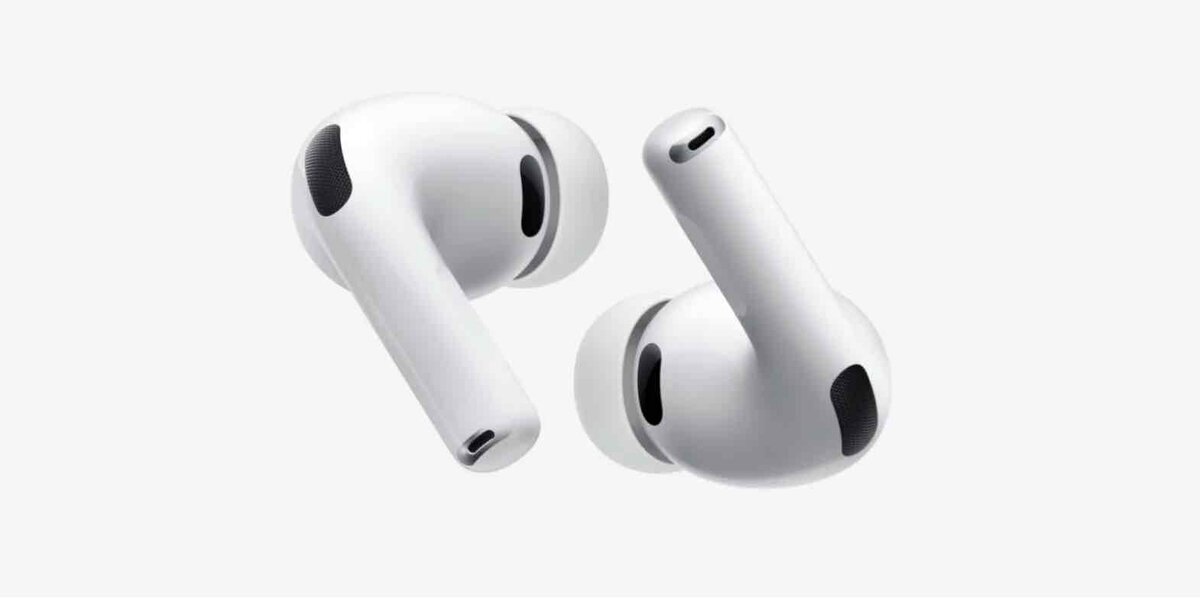 白い背景に、左右の白いAirPods Proイヤホン本体が斜めに浮かぶように配置されている画像