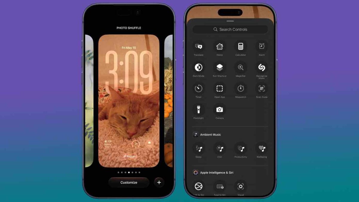 ロック画面のカスタマイズ画面から、フラッシュライトやカメラのボタンを翻訳、タイマー、Shazamなど別のコントロールに変更できる様子を示した画像
