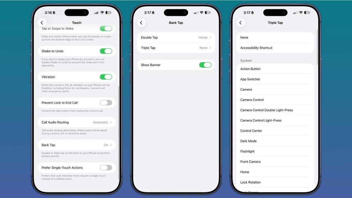iPhoneのアクセシビリティ設定から「背面タップ」を開き、ダブルタップやトリプルタップにカメラ、フラッシュライト、ホームなどの操作を割り当てる画面を並べた画像