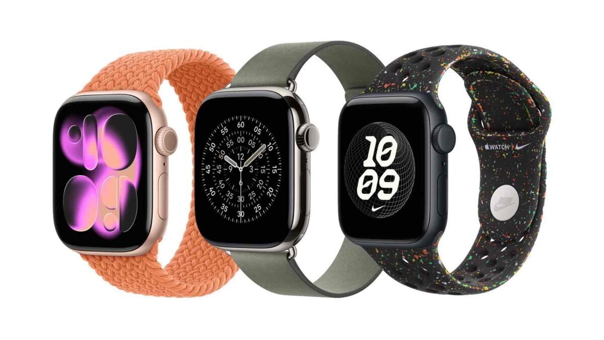 Apple Watch Series 11の複数モデルが並び、オレンジの編み込みバンド、グリーン系バンド、Nikeスポーツバンドと異なる文字盤が表示されている製品画像