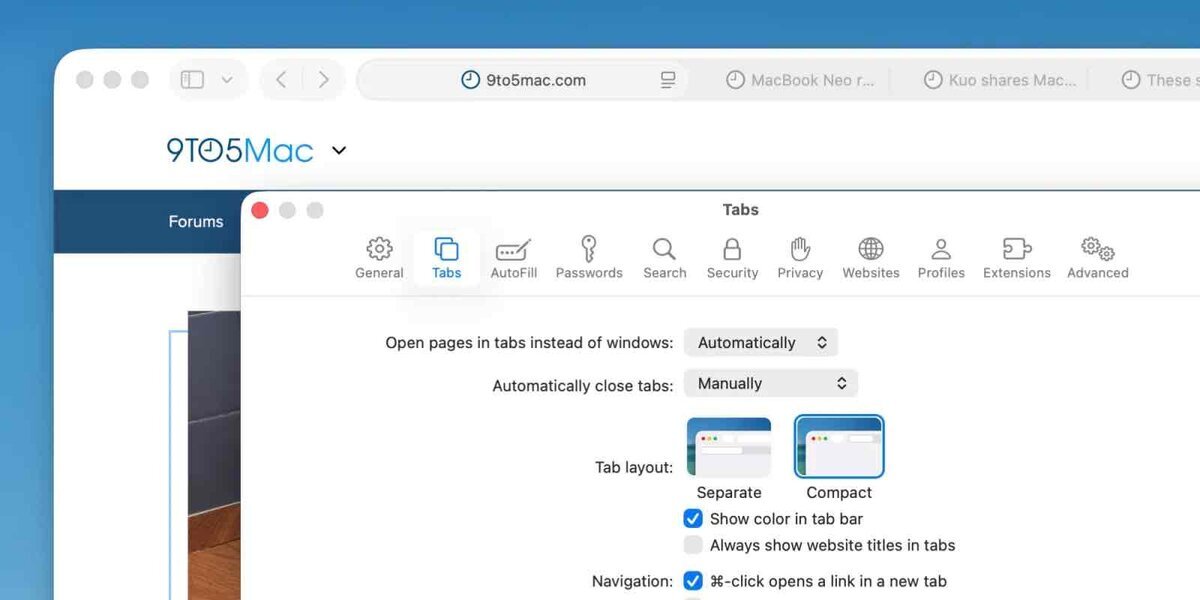 Safariの設定画面で「Tabs」タブが開かれ、タブレイアウトや自動でタブを閉じる設定が表示されている画像
