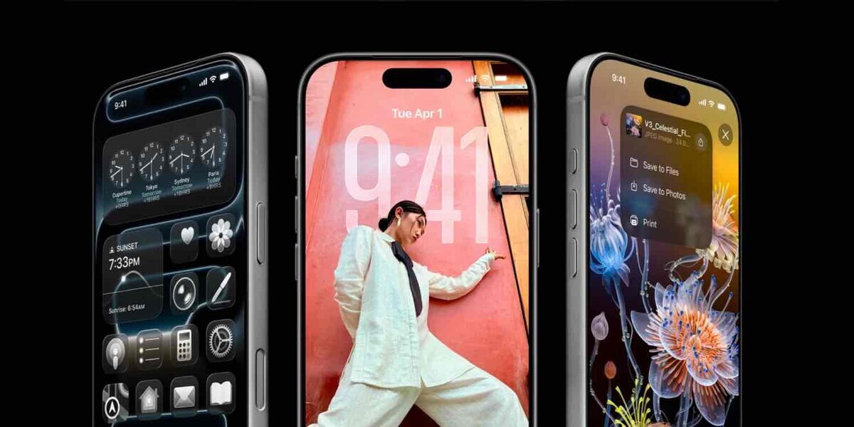 iOS 27の新機能をイメージした3台のiPhone。左はウィジェット画面、中央はロック画面、右は写真共有メニューが表示されている