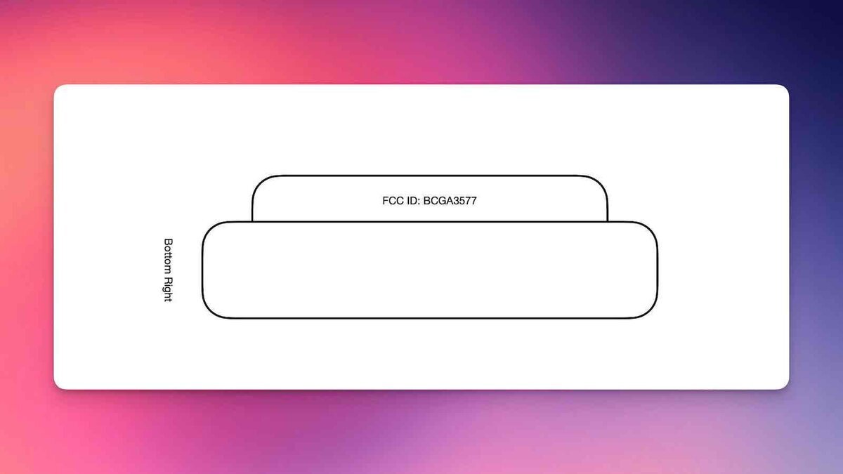 ピンクと青のグラデーション背景に、FCC ID「BCGA3577」と書かれたヘッドホンのラベル位置図が表示されている画像