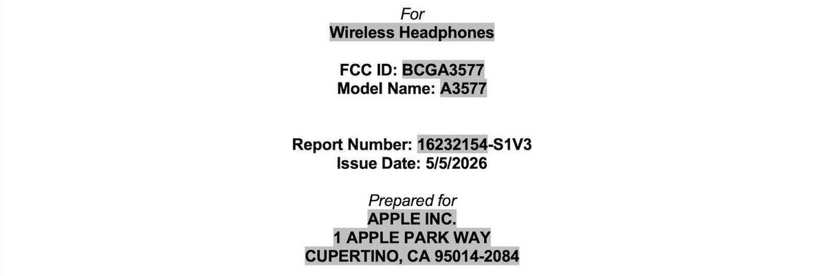Wireless HeadphonesのFCC ID「BCGA3577」、モデル名「A3577」、Apple Inc.向けの記載が表示されている画面