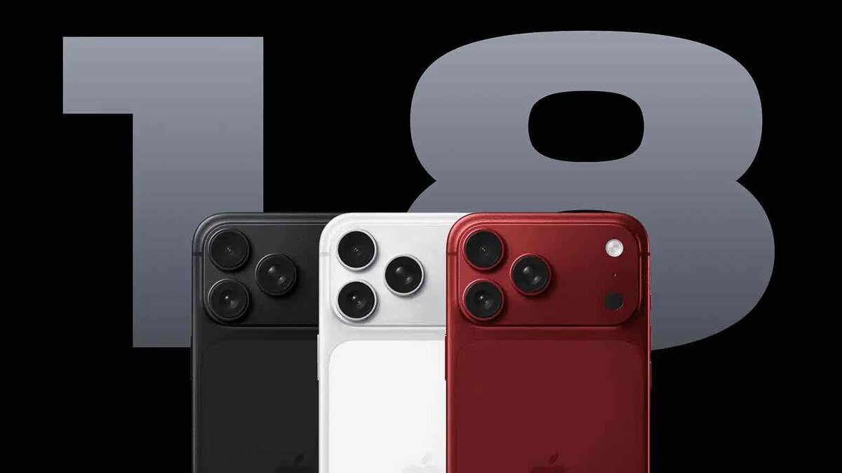 大きな「18」の数字を背景に、黒・白・赤のiPhone風端末の背面が3台並んでいる画像