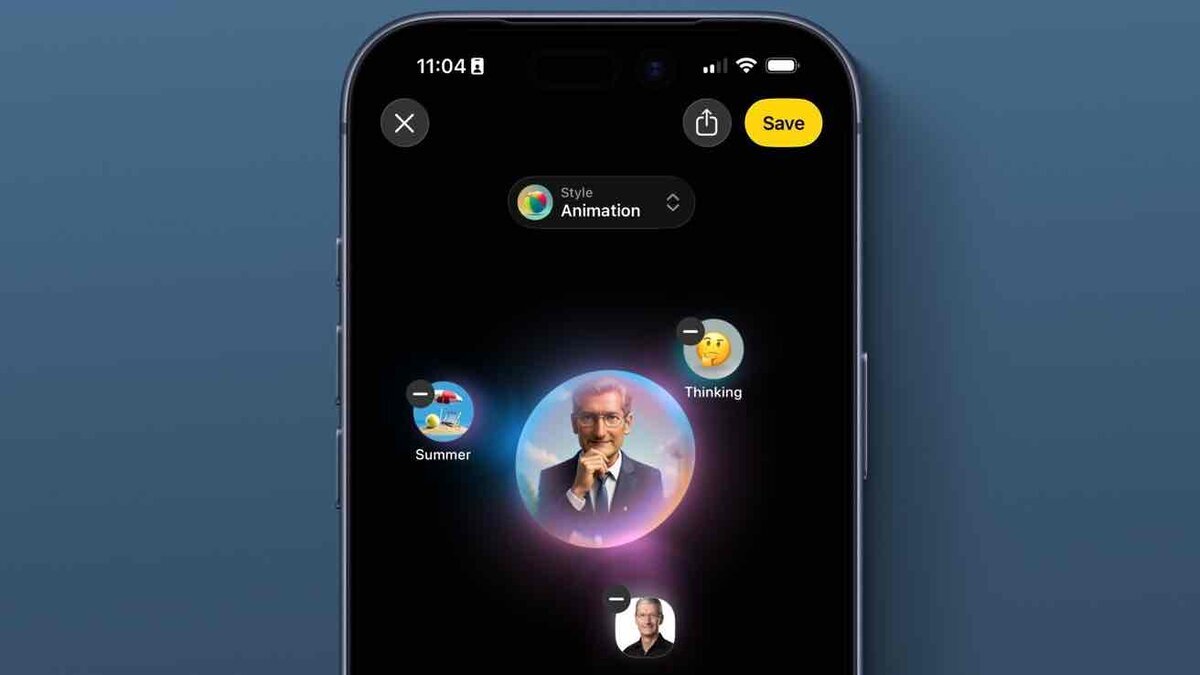 iPhone画面上でImage Playgroundの編集画面が開かれ、Animationスタイルや人物アイコン、Summer、Thinkingなどの候補が表示されている様子