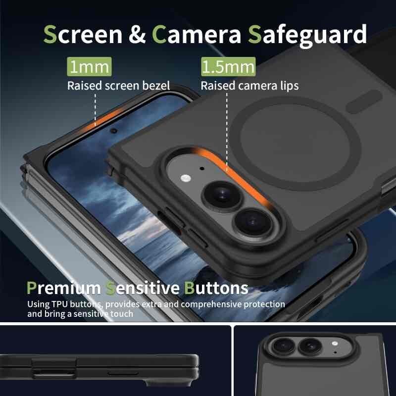 折りたたみ式iPhone風ケースの画面縁1mm、カメラ縁1.5mmの立ち上がりと側面ボタン保護を示す説明画像