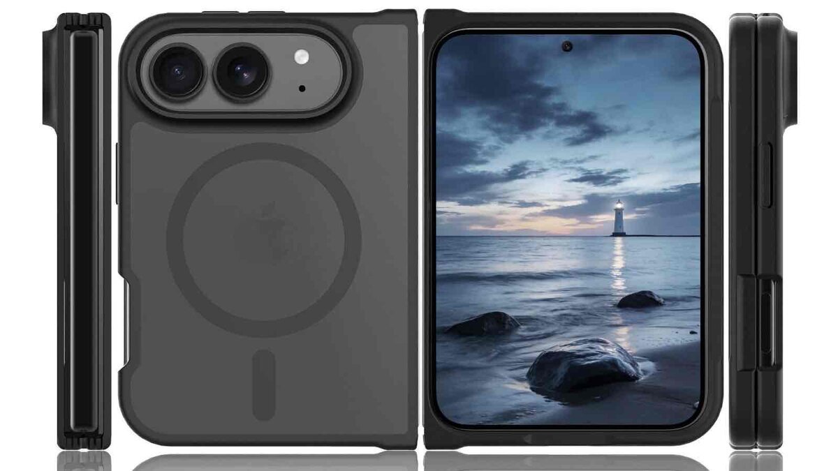 黒いMagSafe対応ケースを装着した折りたたみ式iPhone風端末を、背面・前面・側面から並べて見せている画像