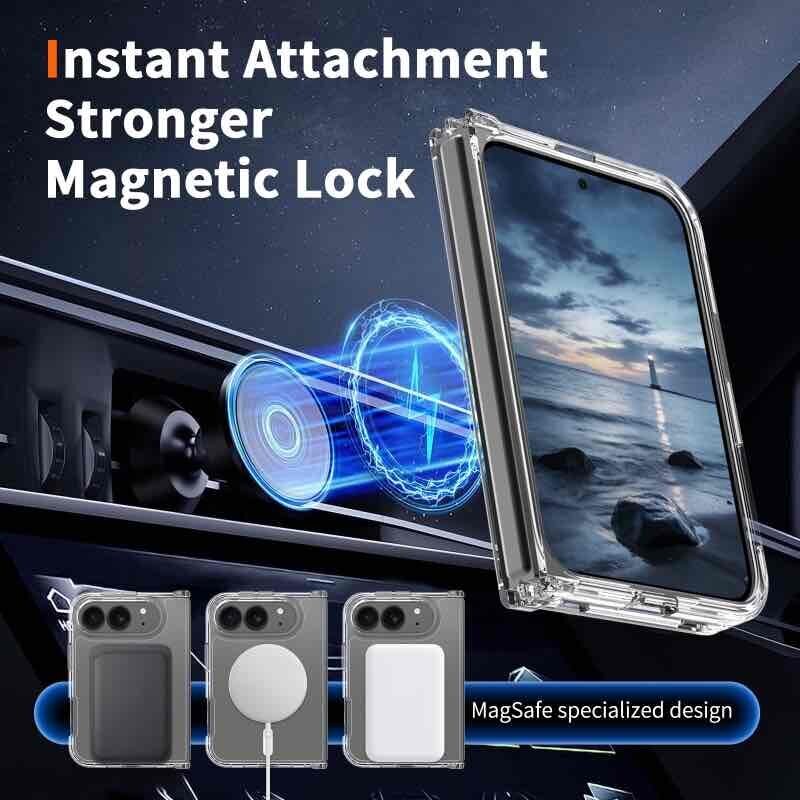 透明な折りたたみ式iPhone風ケースが、MagSafeアクセサリに磁力で装着できることを示す説明画像
