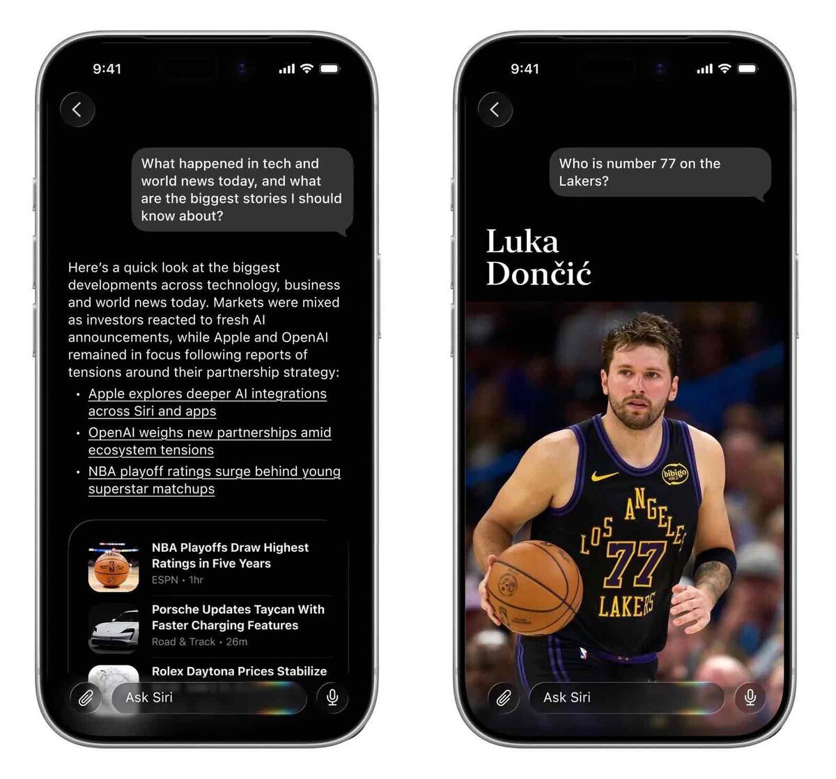 iOS 27で噂される新しいSiriアプリの画面例。ニュース要約の回答画面と、選手情報を写真付きで表示する画面が並んでいる