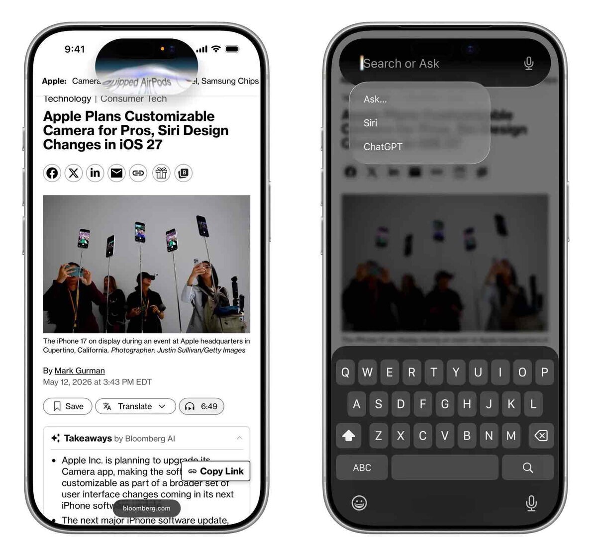 Bloomberg記事を表示したiPhone画面と、Dynamic Island内のSearch or Ask入力欄からSiriやChatGPTを選ぶ画面例