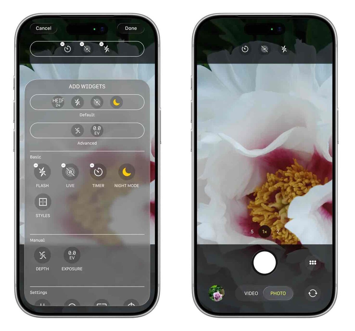 iOS 27で噂されるカメラアプリのAdd Widgets画面と、撮影画面上部に固定されたカメラ設定アイコンのイメージ
