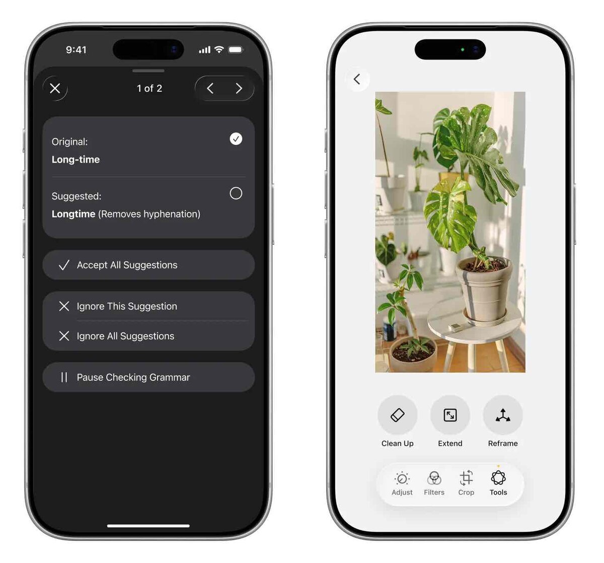iOS 27で噂される文法チェック画面と、写真アプリのClean Up、Extend、Reframe編集ツールを並べたイメージ