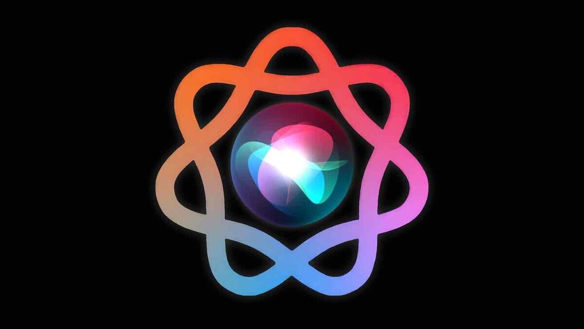 黒い背景に、虹色のApple Intelligence風シンボルと中央のSiri風の発光アイコンが表示されている画像