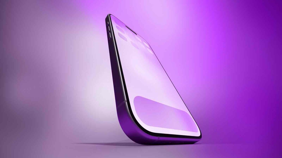 紫のグラデーション背景に、薄型のiPhone風スマートフォンが斜めに立っているイメージ画像