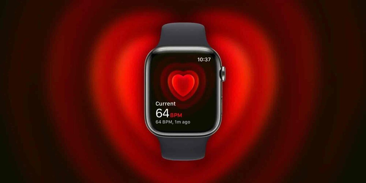 赤い背景の中央に、心拍数64BPMを表示したApple Watchが写っている画像